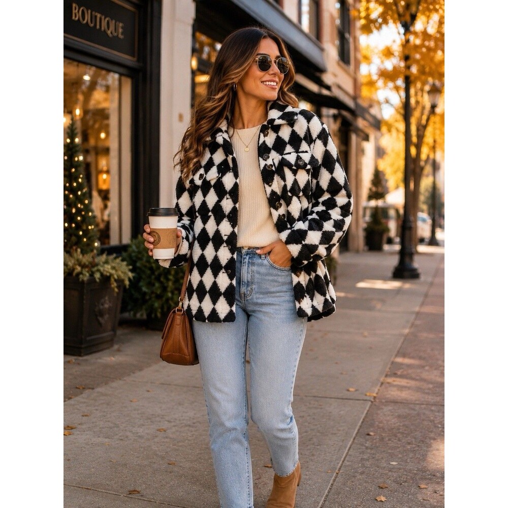 Camellia Harlequin Check Plush Teddy Shacket Jacket Black White Size Large Coat